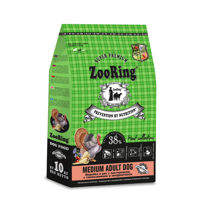 ZooRing Medium Adult Dog Индейка и рис с пастернаком с глюкозамином и хондроитином 