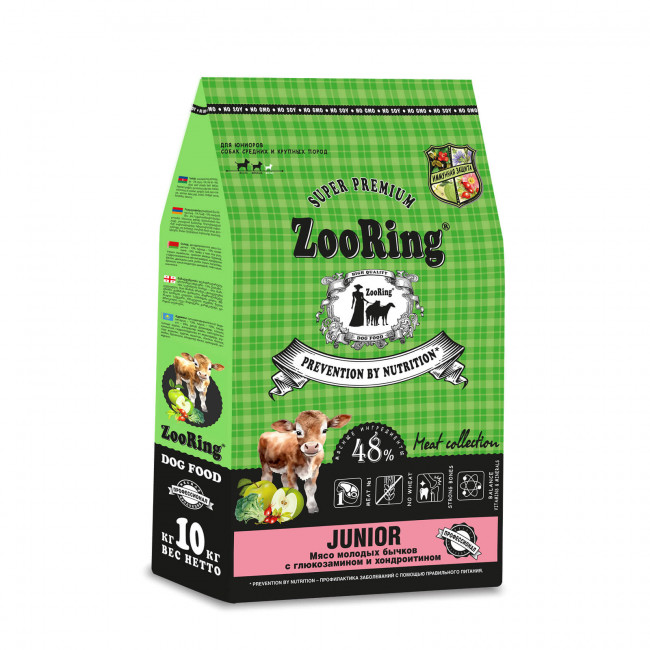 ZooRing Junior Мясо молодых бычков с глюкозамином и хондроитином для юниоров собак средних и крупных пород с 6-7 месяцев ZooRing Junior Мясо молодых бычков с глюкозамином и хондроитином для юниоров собак средних и крупных пород с 6-7 месяцев