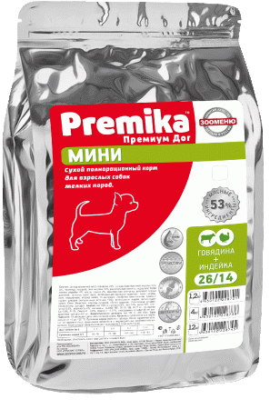 Сухой полнорационный корм PREMIKA® для взрослых собак мелких пород с говядиной и индейкой Сухой полнорационный корм PREMIKA® для взрослых собак мелких пород с говядиной и индейкой