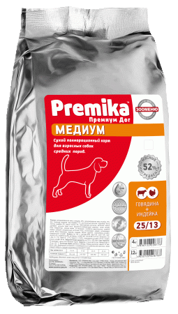 Сухой полнорационный корм PREMIKA® МЕДИУМ для взрослых собак средних пород с говядиной и индейкой Сухой полнорационный корм PREMIKA® МЕДИУМ для взрослых собак средних пород с говядиной и индейкой