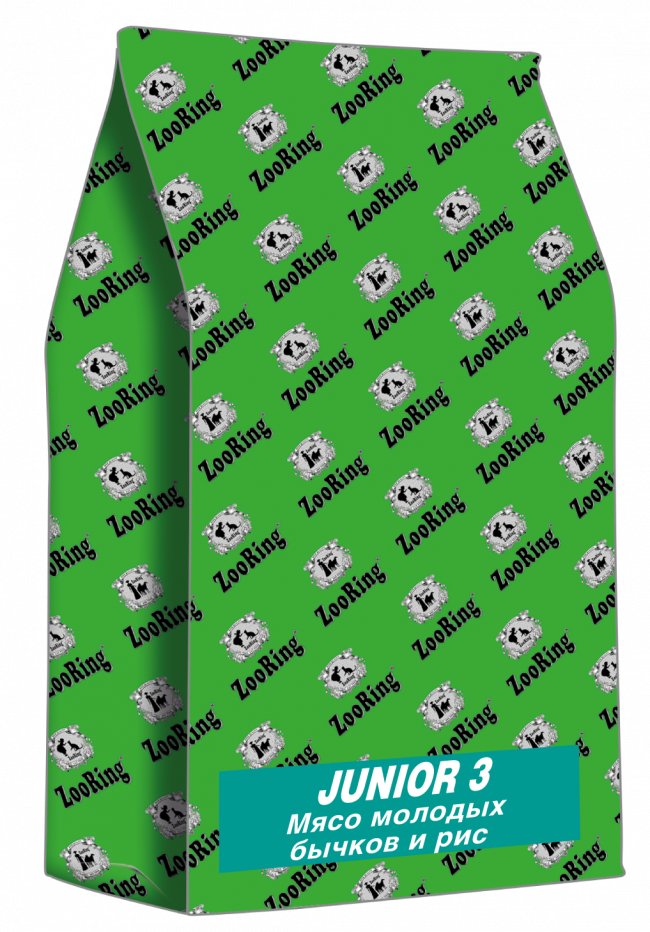 ZooRing Junior 3 сухой корм для юниоров средних и крупных пород с 6-7 до 15-18 месяцев Мясо молодых бычков и рис ZooRing Junior 3 сухой корм для юниоров средних и крупных пород с 6-7 до 15-18 месяцев Мясо молодых бычков и рис