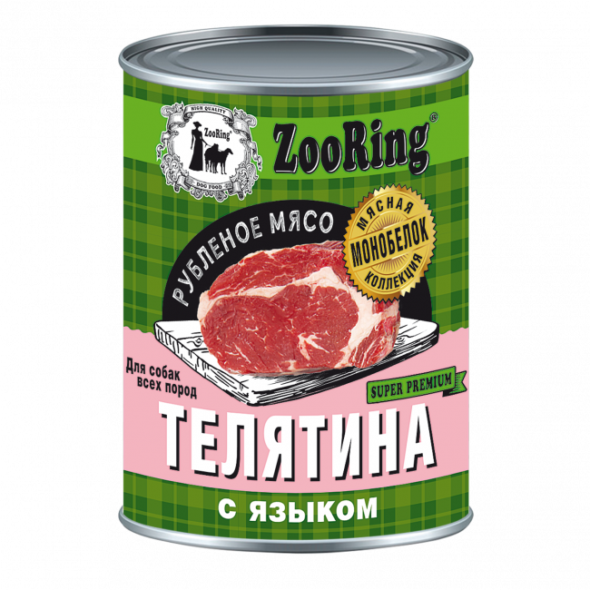 ZooRing Консервированный корм «Рубленое мясо» для собак Телятина с языком для взрослых собак всех пород 338г x 12шт