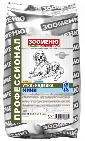 Зооменю Мини Утка+Индейка 28/15 сухой корм для взрослых собак мелких пород