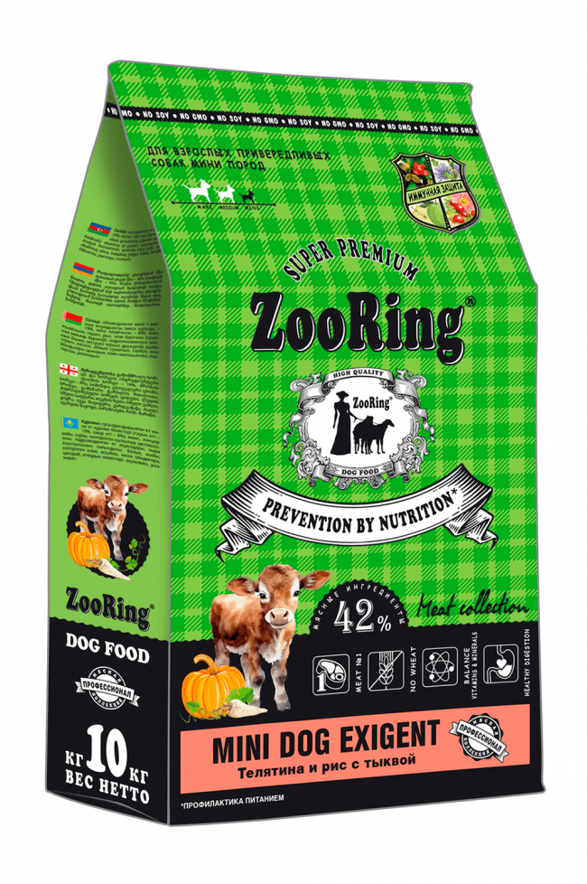ZooRing Mini Dog Exigent Для взрослых привередливых собак мини пород Телятина и рис с тыквой ZooRing Mini Dog Exigent Для взрослых привередливых собак мини пород Телятина и рис с тыквой