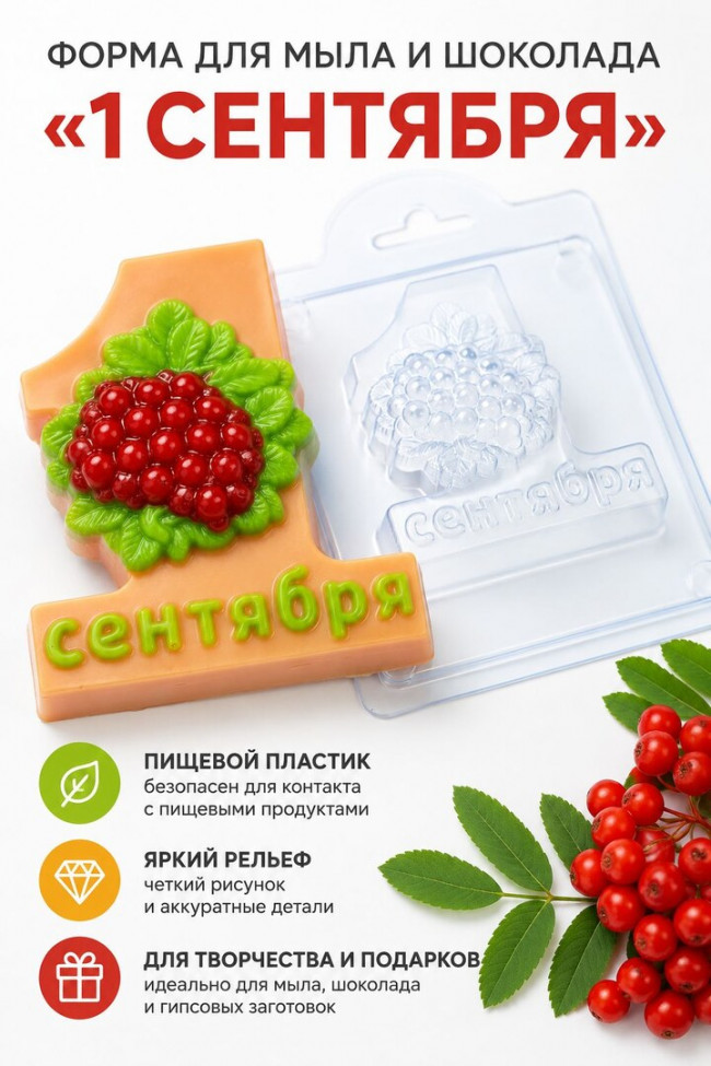Форма для мыла и шоколада 1 сентября с рябиной V2 пластиковая Форма для мыла и шоколада 1 сентября с рябиной V2 пластиковая